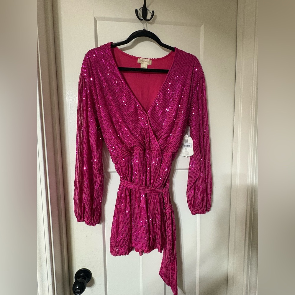 Altar’s State NWT Sparkling Fuchsia Sequin Wrap Romper with Belt
